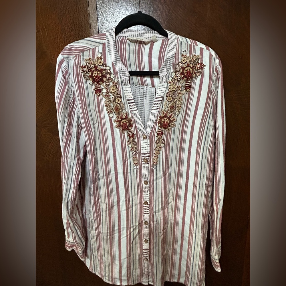Red Striped Button-Up Shirt with Floral Embroidery & Beads Soft Surroundings L
